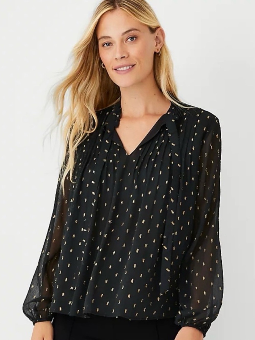 Ann Taylor Top Blouse Black XL Shimmer Clip Dot Tie Neck